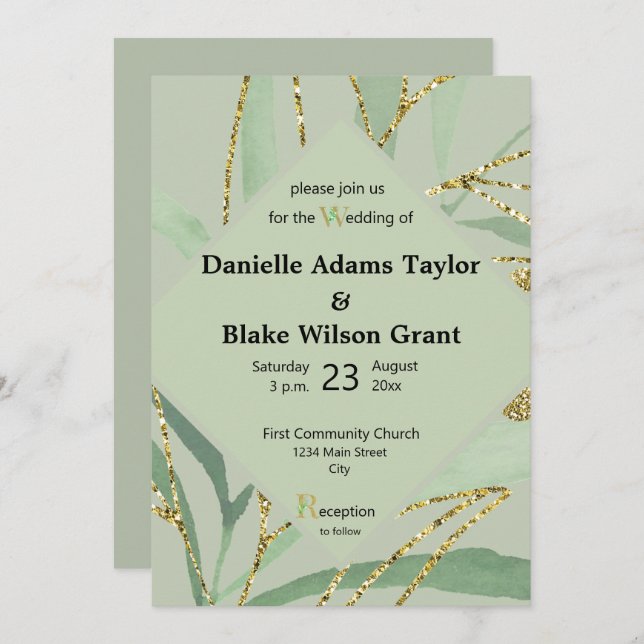 Invitation Trendy Sage Hues & Gold Parties scintillant Faire- (Devant / Derrière)
