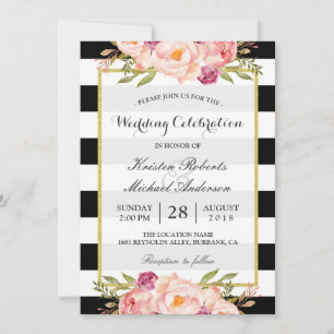 Invitation Trendy Stripes Floral Gold Mariage Célébration