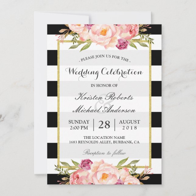 Invitation Trendy Stripes Floral Gold Mariage Célébration (Devant)