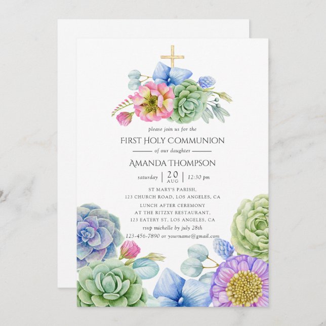 Invitation Trendy Succulent Floral First Holy Communion (Devant / Derrière)