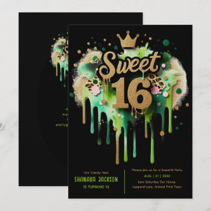 Invitation Trendy Sweet 16 Empreinte de léopard Green Gold