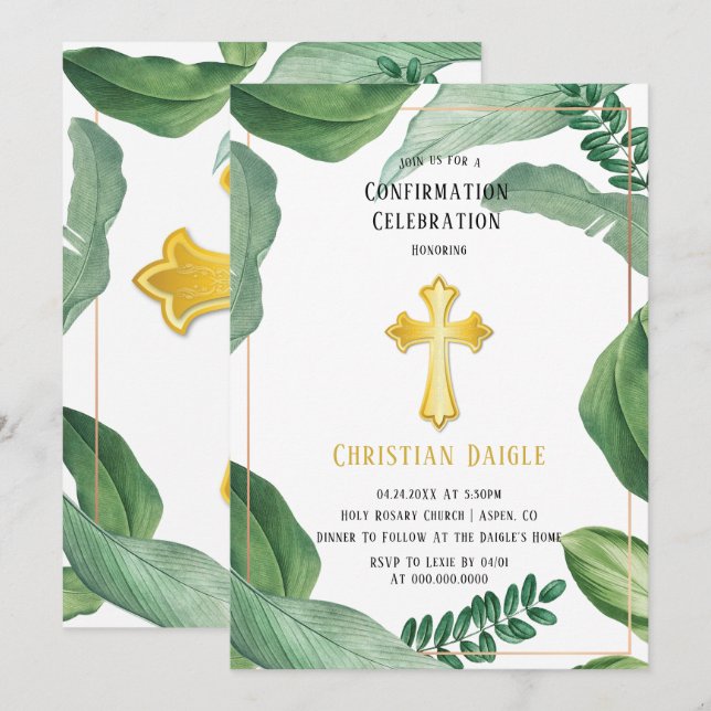 Invitation Trendygreenery Gold Cross Confirmation Célébration (Devant / Derrière)
