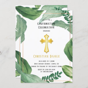 Invitation Trendygreenery Gold Cross Confirmation Célébration