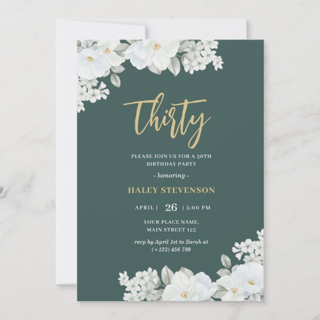 Invitation Trente Anniversaire Fleurs Blanches Vert Emeraude  (Devant)