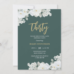 Invitation Trente Anniversaire Fleurs Blanches Vert Emeraude