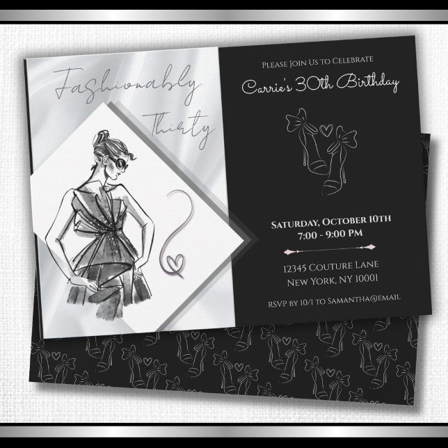 Invitation Trente ans avec élégance Noir Argent 30e anniversa (Modern Fashionably Thirty silver silk and black milestone celebration invitations.)