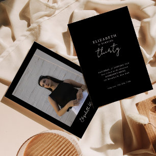 Invitation Trente ans, élégante fête d'anniversaire en noir e