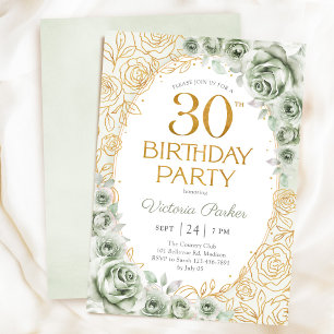 Invitation Trente ans élégants Anniversaire Vert Sage Or Flor