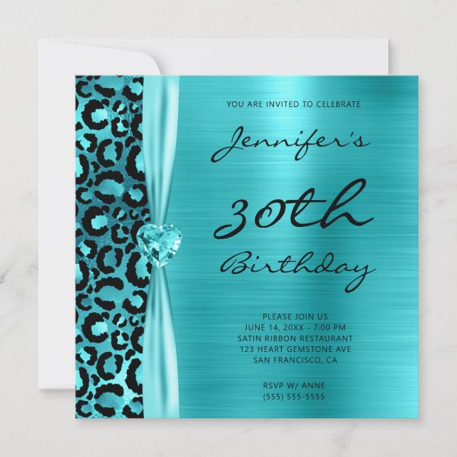 Invitation Trente ans, Glamour Léopard Bleu Turquoise (Devant)