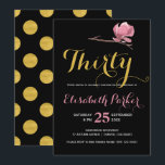 Invitation Trente ans glamour or noir pois floral<br><div class="desc">Invitation de fête d'anniversaire chic et glamour pour les trente ans sur fond noir avec une écriture (modifiable) faussement dorée et brillante comme un pinceau, accompagnée d'une délicate fleur de magnolia en aquarelle rose pâle et de grands pois dorés au verso. Remplissez votre âge / informations dans les espaces prévus,...</div>