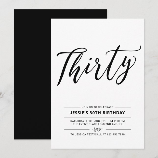 Invitation Trente ans Minimal Black & White Fête d'anniversai (Devant / Derrière)