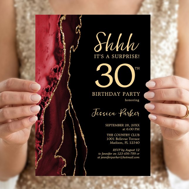 Invitation Trente ans surprise Anniversaire Rouge Noir Agate  (Créateur téléchargé)