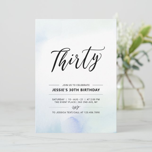 Invitation Trente | Blue 30th Birthday Party Watercolor (Debout devant)
