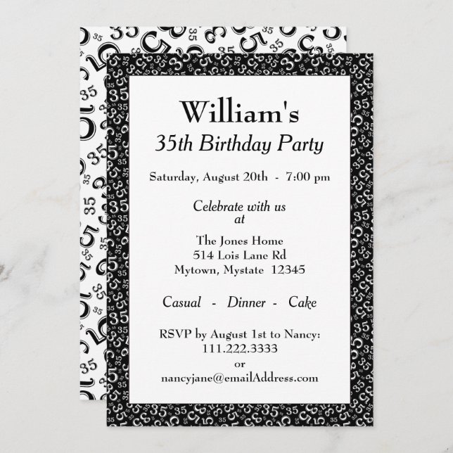 Invitation trente-cinquième Motif noir et blanc de fête (Devant / Derrière)