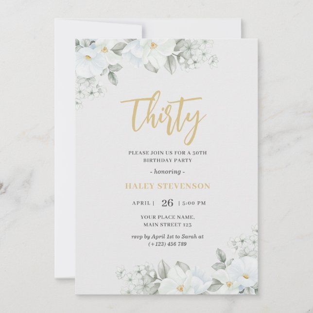 Invitation Trente Élégant Fleurs Blanches et Or Anniversaire (Devant)
