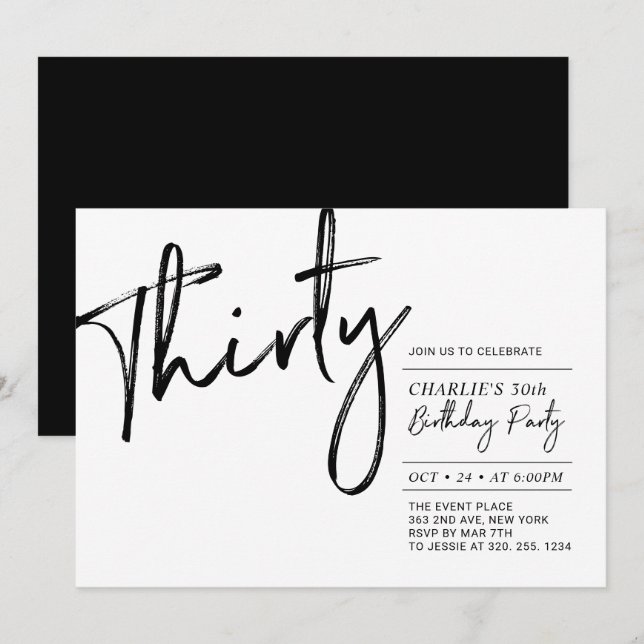 Invitation Trente | Fête d'anniversaire moderne 30 ans noir e (Devant / Derrière)