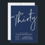 Invitation Trente | Fête d'anniversaire moderne argent et ble<br><div class="desc">Célébrez votre jour spécial avec cette invitation simple et élégante pour une fête d'anniversaire de 30 ans. Ce design présente une écriture chic avec une mise en page épurée avec une combinaison de couleurs bleu marine et argent. Plus de designs disponibles dans ma boutique BaraBomDesign.</div>