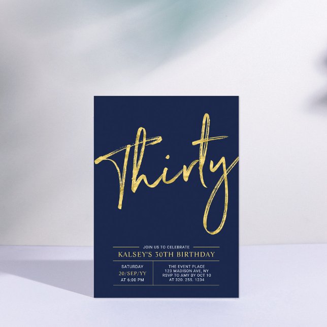 Invitation Trente | Fête d'anniversaire Moderne Or & Bleu 30  (Créateur téléchargé)