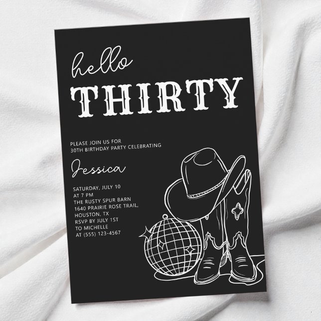 Invitation Trente Fête d'anniversaire Western Noir et Blanc (Thirty Black and White Western 30th Birthday Party Invitation)