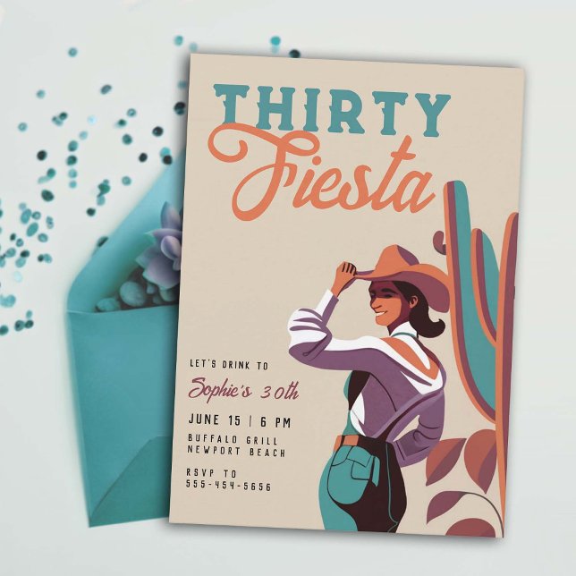 Invitation Trente Fiesta Retro Pays Western 30e anniversaire (thirty fiesta 30 birthday party invitation women country western southwestern desert cactus teal )