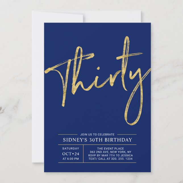 Invitation Trente | Gold & Blue Modern 30th Birthday Party (Devant)