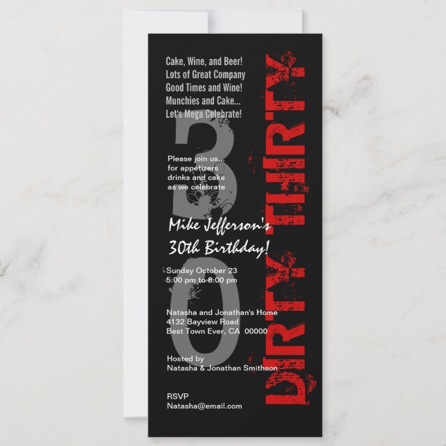 Invitation TRENTE JOUR D'ANNIVERSAIRE Tall noir blanc rouge (Devant)