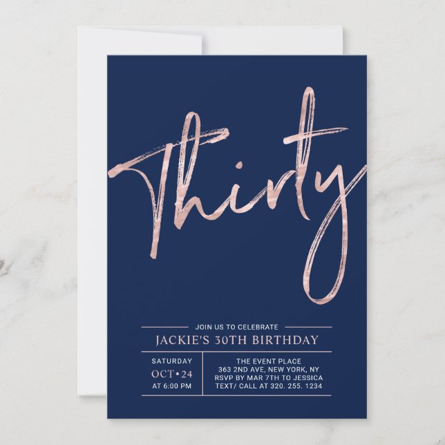 Invitation Trente | Rose Gold & Blue 30e Fête d'anniversaire (Devant)