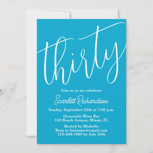 Invitation Trente Script moderne Aqua Blue 30e fête d'anniver (Devant)