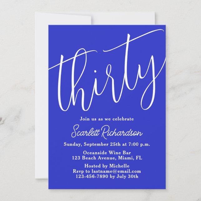 Invitation Trente Script moderne Royal Blue 30e anniversaire (Devant)