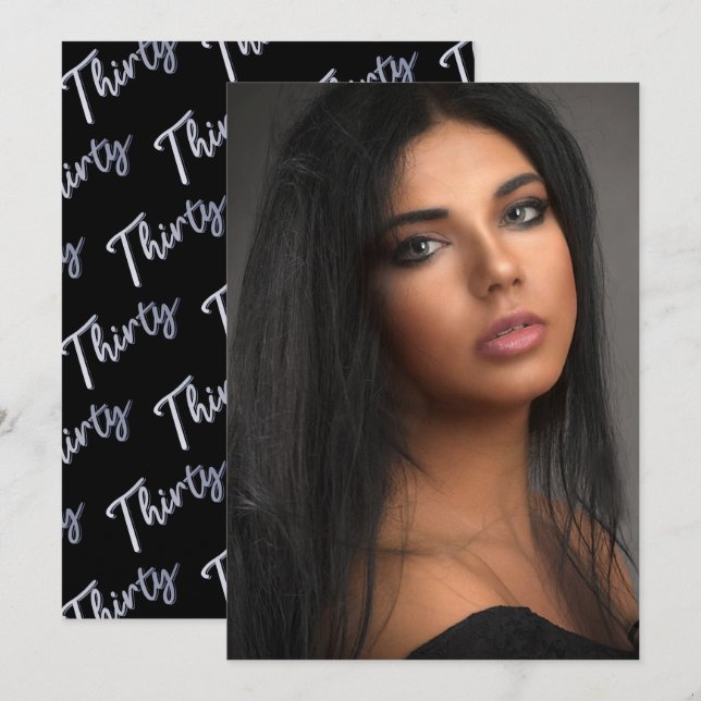 Invitation Trente script photo d'anniversaire 30 ans noir arg (Devant / Derrière)