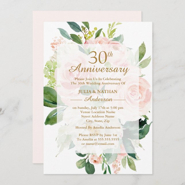 Invitation Trentième anniversaire de mariage Elegant Rose Pêc (Devant / Derrière)