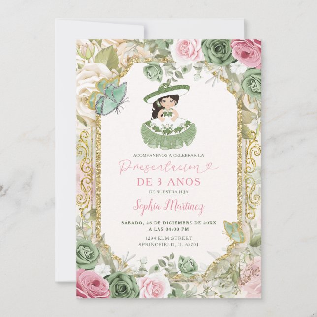 Invitation Tres Anos Sage Rose Fleurs Mexicaine Fille Anniver (Devant)