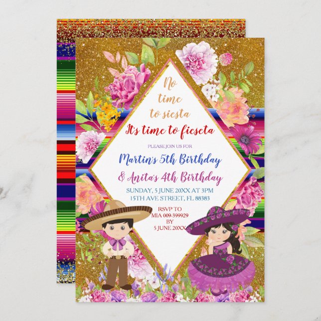 Invitation Tres Anos violet Anniversaire de enfant mexicain F (Devant / Derrière)