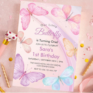 Invitation Très beau 1er anniversaire Petit Papillon coloré
