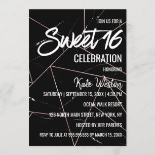 Invitation Tres Chic Black Marble Géométrique Gold Sweet 16