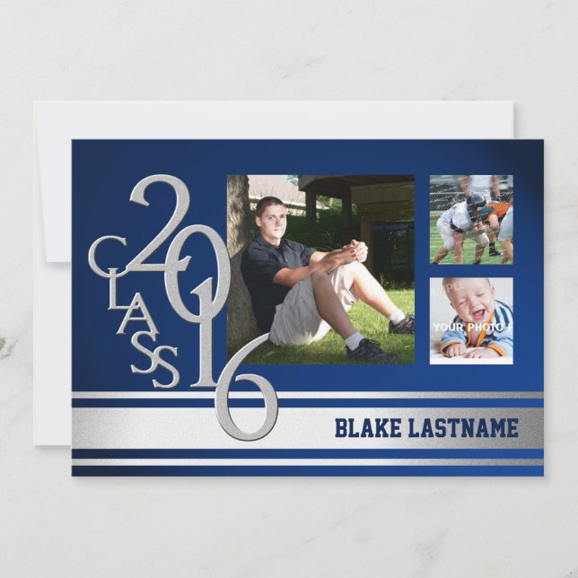 Invitation Tri photo 2016 Silver Varsity Stripe Graduate Bleu (Devant)