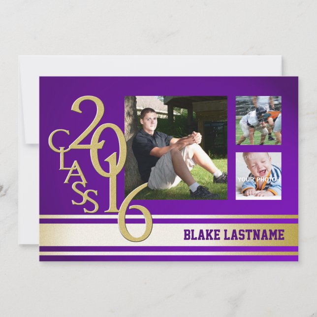 Invitation Tri photo Gold Purple Varsity 2016 (Devant)