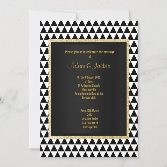 Invitation Triangle noir blanc motif or moderne mariage (Devant)