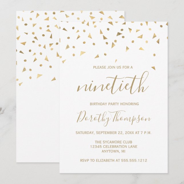 Invitation Triangles de confettis dorés pour une fête d'anniv (Devant / Derrière)