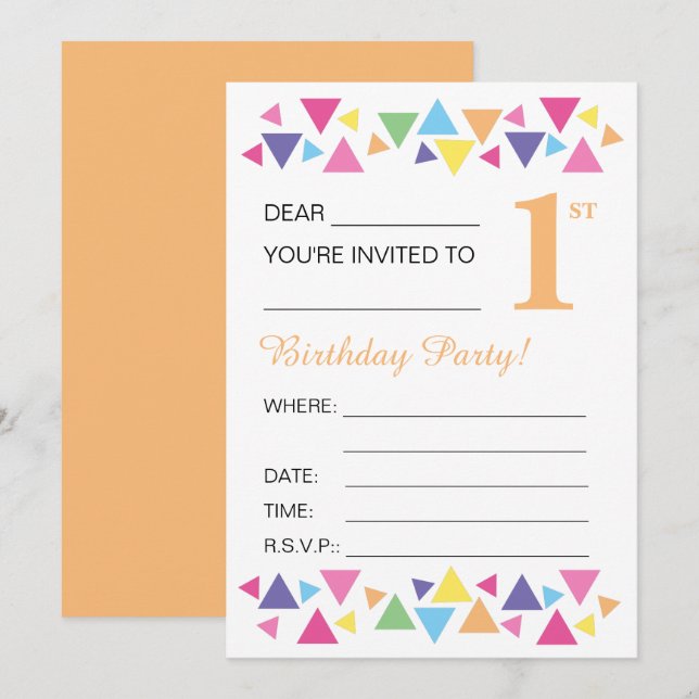 Invitation Triangles illusima, Arrière orange, 1ère fête (Devant / Derrière)