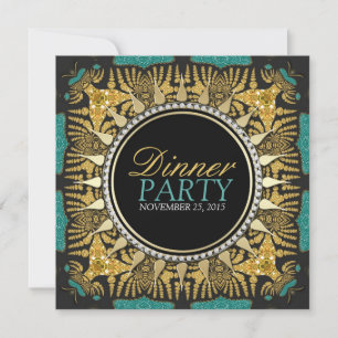 Invitation Tribal Batik Turquoise Gold Black Dinner Party