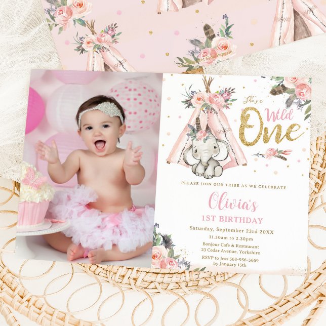Invitation Tribal Boho Elephant Wild Un 1er Anniversaire Phot (Créateur téléchargé)