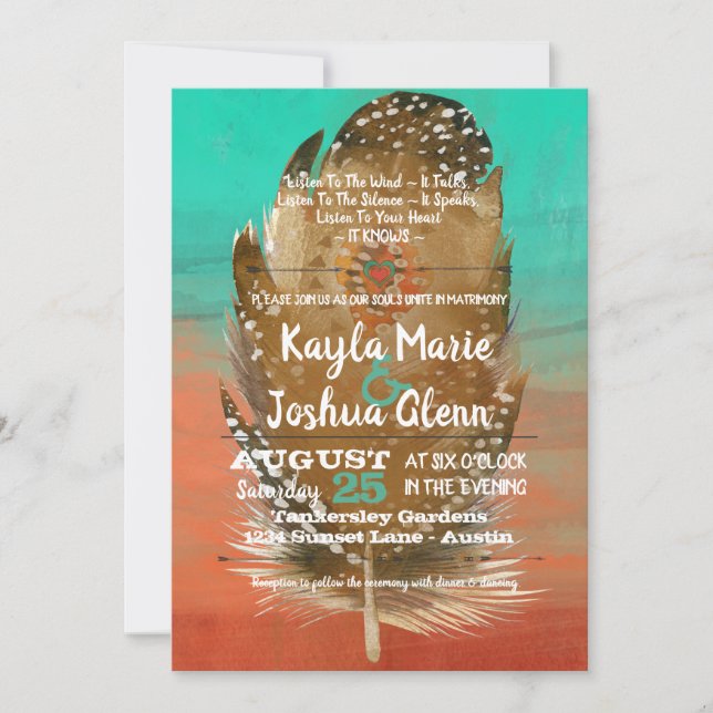 Invitation Tribal Boho Feather Turquoise Orange Mariage (Devant)