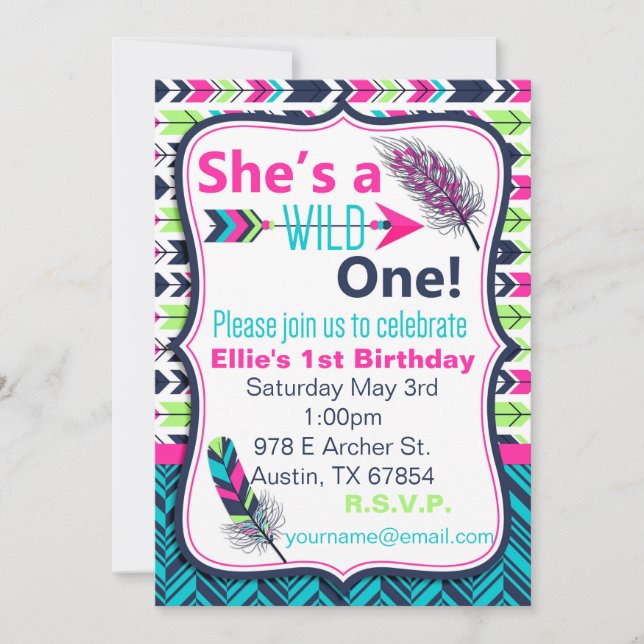 Invitation Tribal, Boho, Feather Wild Un Anniversaire Invitat (Devant)