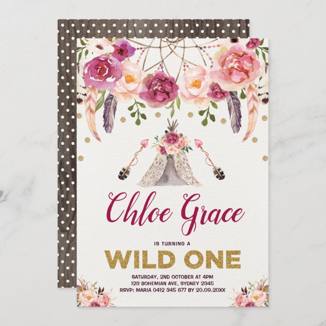 Invitation Tribal Boho Floral WILL ONE Birthday Party Teepee (Devant / Derrière)