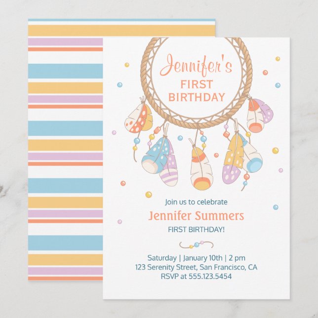 Invitation Tribal Dreamcatcher Boho Baby First 1st Birthday (Devant / Derrière)