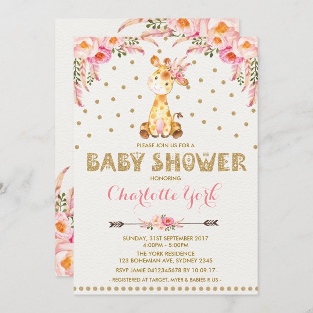 Invitation tribal floral de rose de baby shower de (Devant / Derrière)