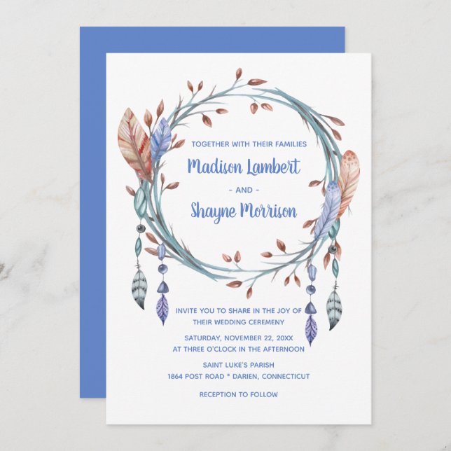 Invitation Tribal Native American Blue Feathers Boho Mariage (Devant / Derrière)