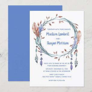 Invitation Tribal Native American Blue Feathers Boho Mariage
