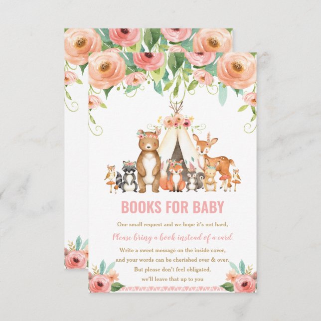 Invitation Tribal Woodland Animals Floral Books for Baby Card (Devant / Derrière)
